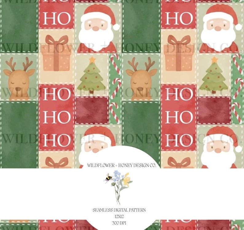 May include: A festive digital pattern featuring Christmas-themed squares. Each square contains images of Santa Claus, reindeer, gifts, and Christmas trees. The pattern includes the text "HO" in red blocks, with a green and red color scheme.