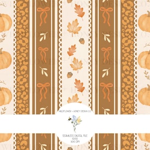 May include: A seamless digital pattern featuring vertical stripes of pumpkins, leopard print, orange bows, and autumn leaves with acorns. A circular label in the center displays the text WILDFLOWER + HONEY DESIGN CO. SEAMLESS DIGITAL FILE 12X12 300 DPI.