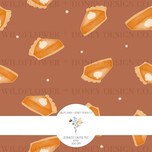 May include: A seamless digital pattern featuring orange pumpkin pie slices with white whipped cream dollops on a brown background, interspersed with small white dots. The text WILDFLOWER + HONEY DESIGN CO. is repeated across the image.