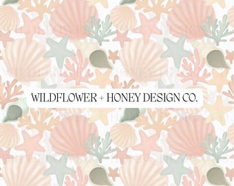 Boho Beach Seamless Pattern: Summer, Sea Shells, Coral, Nursery Decor, Digital Paper