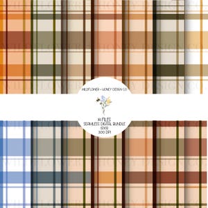 Peut inclure: Un lot numérique de 14 motifs écossais sans couture présentant diverses palettes de couleurs dont orange, marron, bleu et crème. Une étiquette circulaire centrale affiche le texte WILDFLOWER + HONEY DESIGN CO, 14 FILES, SEAMLESS DIGITAL BUNDLE, 12X12, 300 DPI.