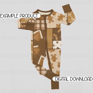 May include: A long-sleeved one-piece sleepsuit with a zip fastening, featuring a patchwork pattern of gingerbread men, houses, and plaid in shades of brown, tan, and cream. The text EXAMPLE PRODUCT and DIGITAL DOWNLOAD are visible on the image.