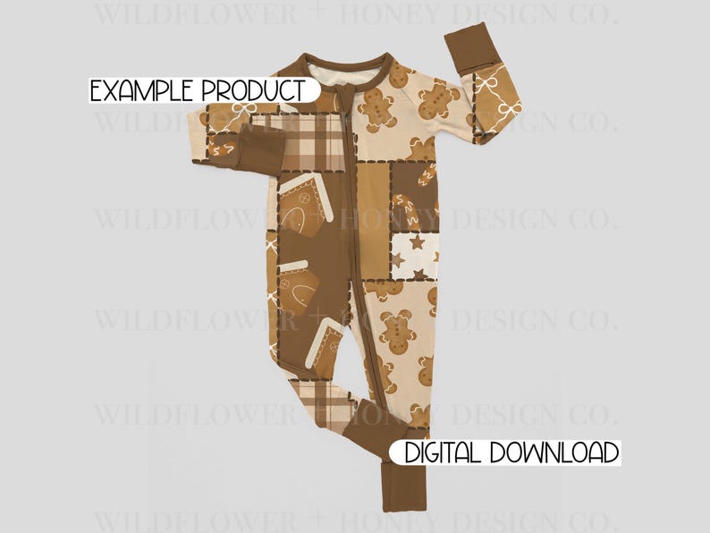 May include: A long-sleeved one-piece sleepsuit with a zip fastening, featuring a patchwork pattern of gingerbread men, houses, and plaid in shades of brown, tan, and cream. The text EXAMPLE PRODUCT and DIGITAL DOWNLOAD are visible on the image.