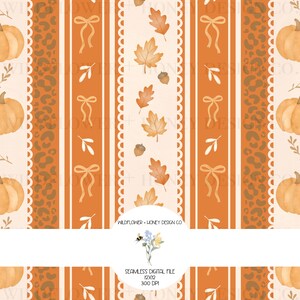 May include: A seamless digital pattern featuring vertical stripes of orange leopard print, pumpkins, and cream panels with autumn leaves, acorns, and bows. A circular logo at the bottom reads WILDFLOWER + HONEY DESIGN CO. SEAMLESS DIGITAL FILE 12X12 300 DPI.