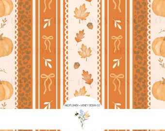 Coquette Orange Boho Fall Stripe Seamless Pattern | Pumpkin, Leaves, Leopard (Digital Download)