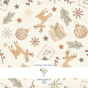 May include: A seamless digital pattern featuring watercolor illustrations of reindeer, Christmas ornaments, pine branches, snowflakes, stars, gift boxes with bows, and letters addressed to Santa on a cream background with the text WILDFLOWER + HONEY DESIGN CO.