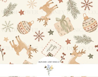 Boho Christmas Icon Seamless Pattern | Reindeer, Ornaments, Presents (Digital Download)