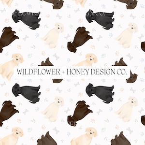 May include: A repeating pattern featuring illustrations of dogs in black, brown, and cream colors, along with paw prints and bone shapes on a white background. The text "WILDFLOWER + HONEY DESIGN CO." is also present.