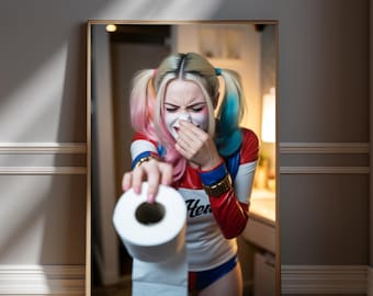 Harley Quinn Inspired Funny Bathroom Wall Art - Superhero Toilet Poster - Marvel Fan Gift - Comic Villain Print - Humorous WC Wall Decor