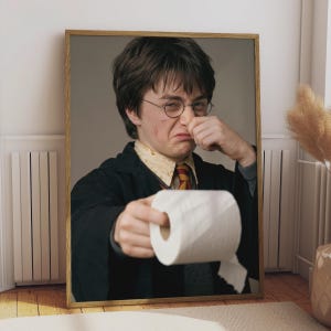 May include: A framed portrait print featuring a person with dark hair and round glasses wearing a black robe, yellow collared shirt, and striped tie. The person is holding a roll of white toilet paper and pinching their nose with a disgusted expression.