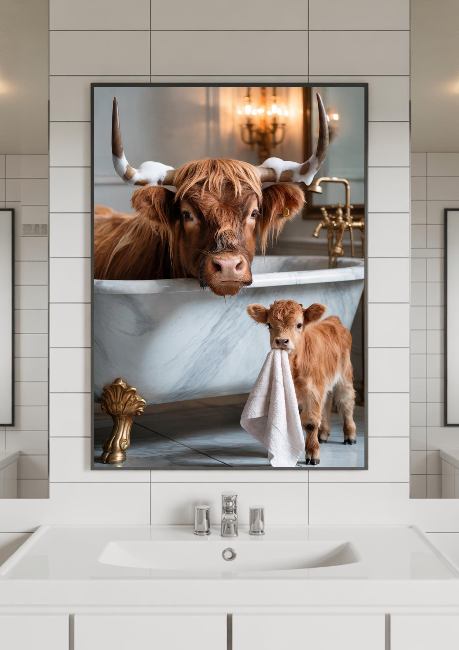 Highland Cow Bathroom Wall Art Print - Funny Cow & Calf Bathroom Decor ...