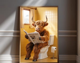 Funny Highland Cow Bathroom Wall Art Print - Highland Cow On Toilet Reading Newspaper Poster - Farm Animal Bathroom Decor - Quirky Gift