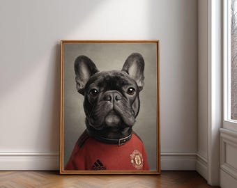 French Bulldog Art Print - Funny Dog Portrait In Manchester United Shirt - Frenchy Poster - Pet Lover Gift - Dog Dad Gift - Sports Decor