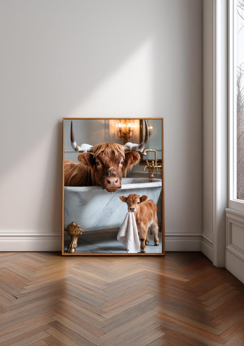Highland Cow Bathroom Wall Art Print - Funny Cow & Calf Bathroom Decor ...