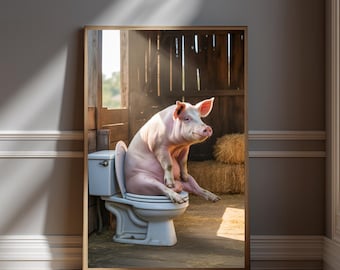 Impresión de un cerdo divertido en la pared del baño - Decoración de baño con animales de granja - Póster humorístico de cerdo - Regalo para amantes de los animales - Humor rústico de granja