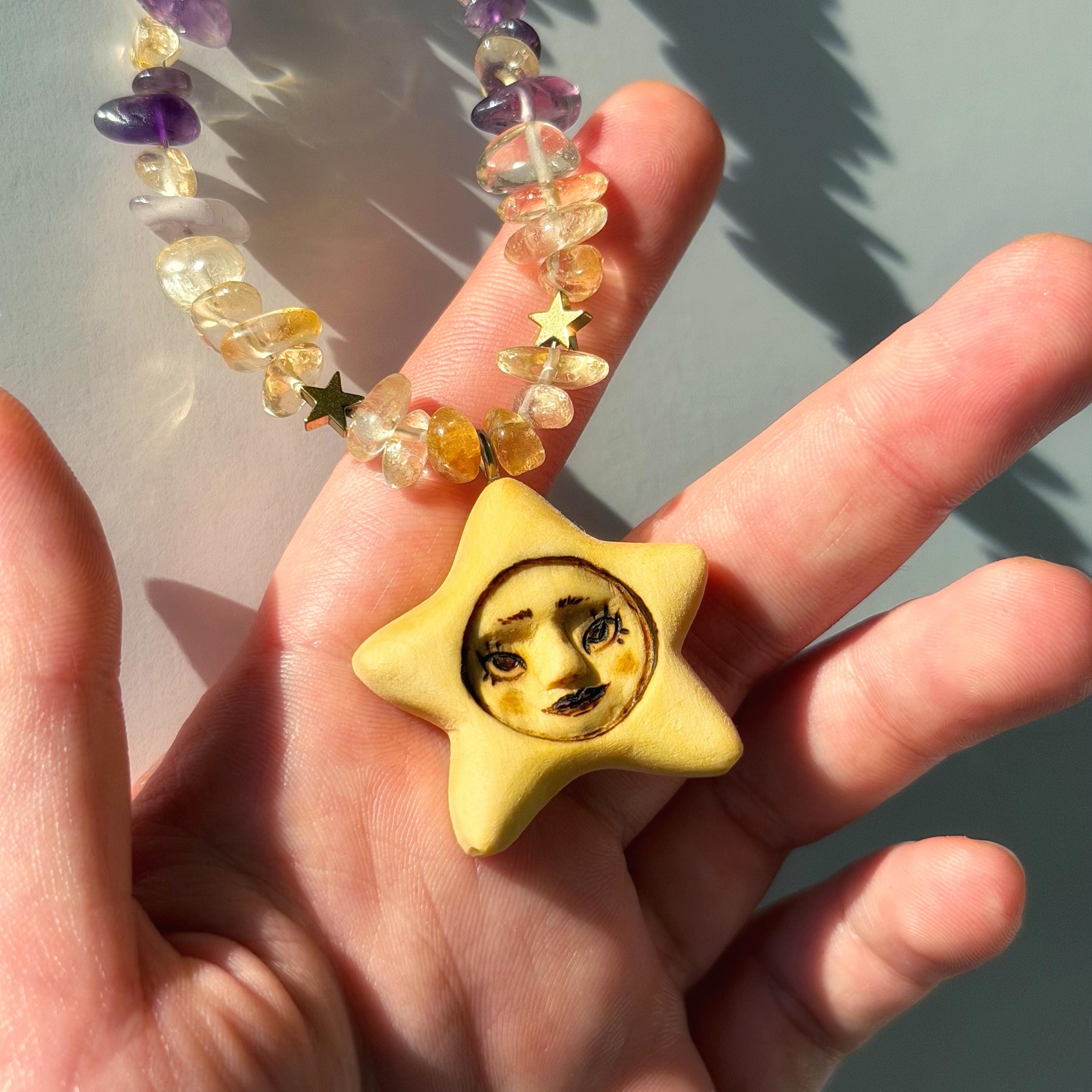 Whimsical Star Necklace • Hand Carved Pendant Wooden Choker