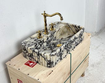 Handmade Calacatta Viola Marble Sink - Fluted Basin, Luxury Bathroom