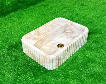 Calacatta Gold Marble Sink | Three-Sided Grooved Design, Wall Mounted (20"x14"x5")