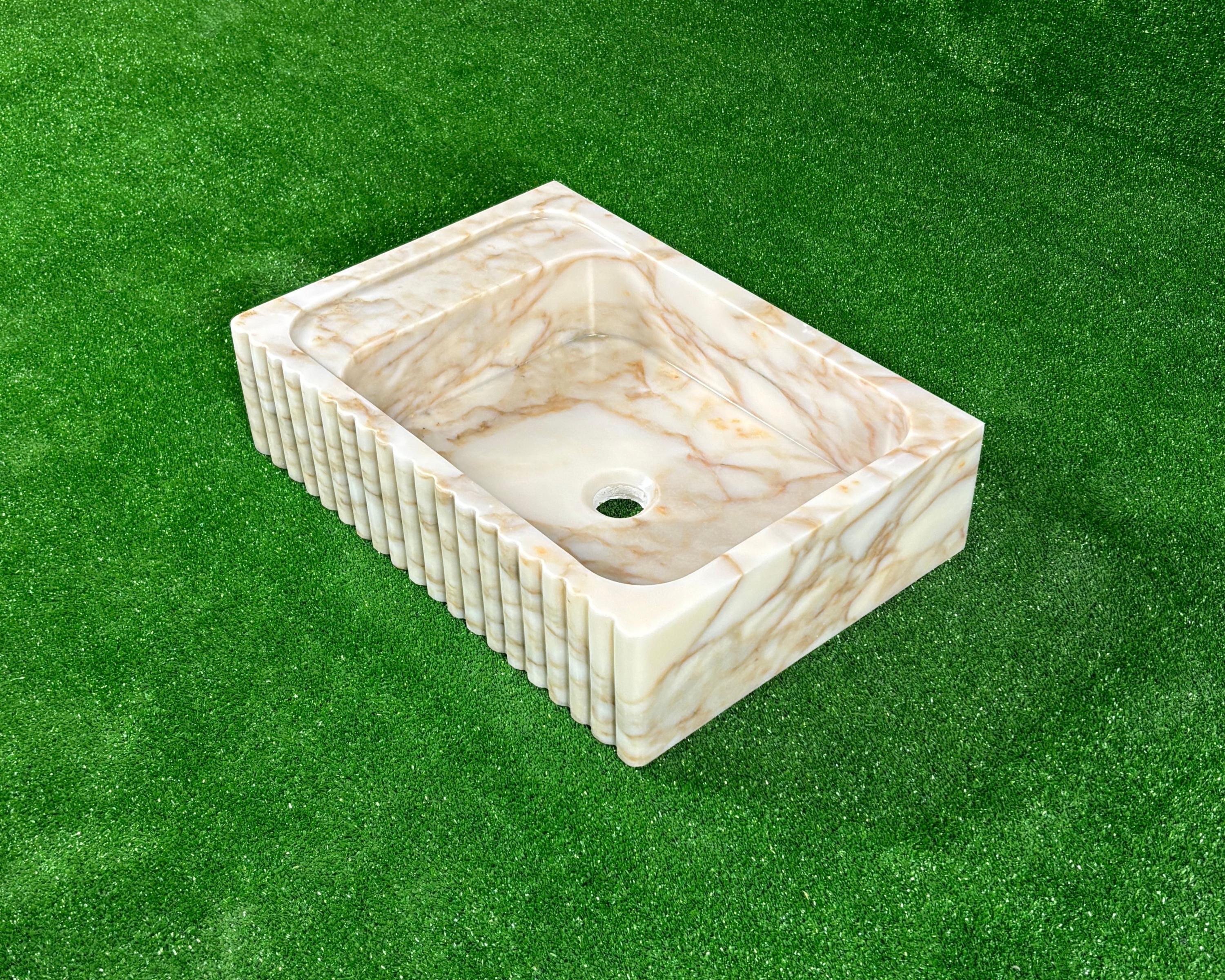 Calacatta Gold Marble Sink: Ribbed Wall Mounted Bathroom Basin - Etsy