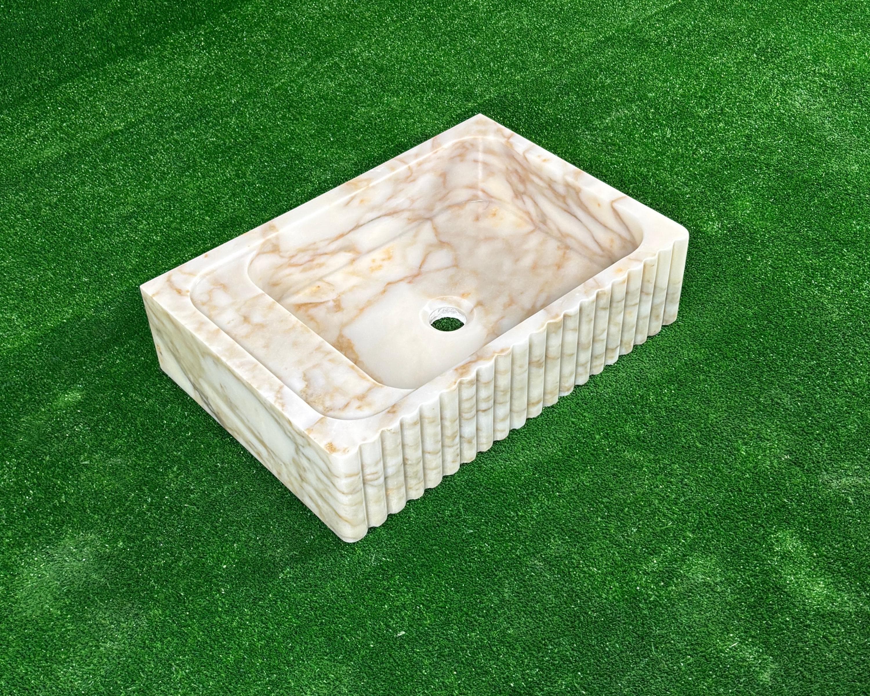 Calacatta Gold Marble Sink: Ribbed Wall Mounted Bathroom Basin - Etsy