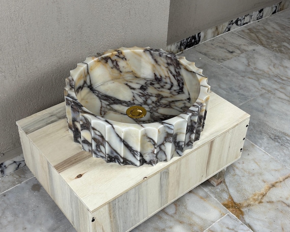 Hand Carved Calacatta Viola Marble Vessel Sink – Sculptural Fluted Basin