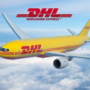 May include: A yellow DHL cargo airplane flies through a cloudy sky. The plane has red and yellow stripes and the DHL logo on the side and top. The text "WORLDWIDE EXPRESS" is above the plane.