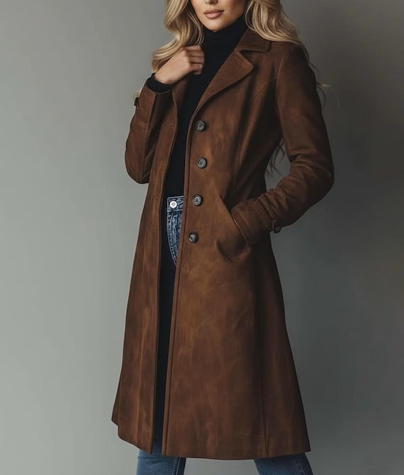 tobacco trench coat Handmade Tobacco Suede Leather Trench Coat – Women's Vintage Style Overcoat