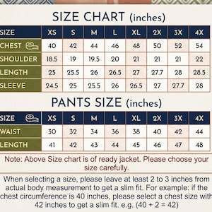 May include: A size chart in inches for jackets and pants. The chart includes measurements for chest, shoulder, length, sleeve, and waist, ranging from XS to 4X. The text advises leaving 2-3 inches for a slim fit.