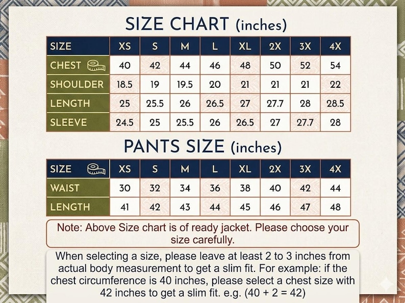 May include: A size chart in inches for jackets and pants. The chart includes measurements for chest, shoulder, length, sleeve, and waist, ranging from XS to 4X. The text advises leaving 2-3 inches for a slim fit.