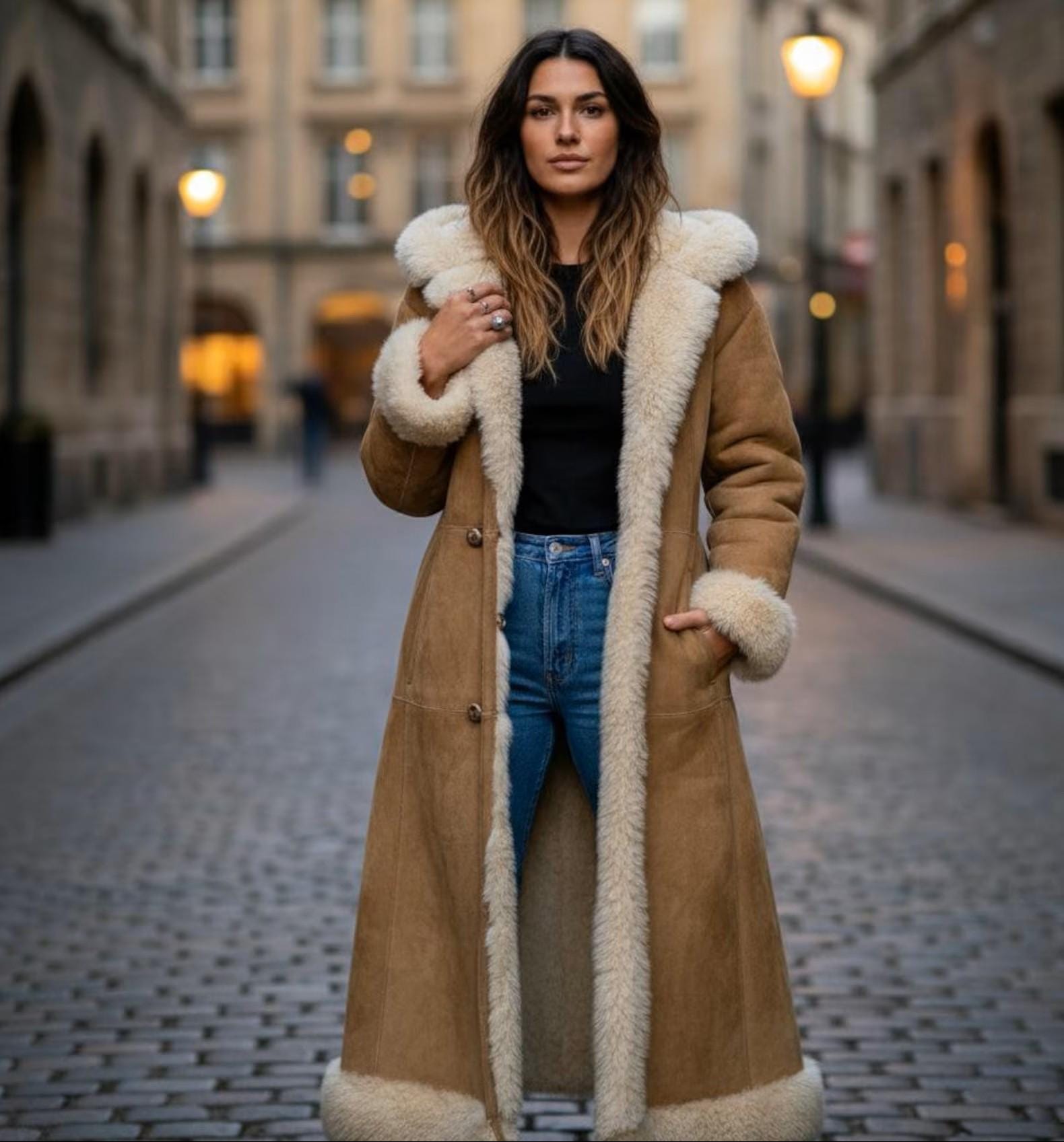 Manteau Long Pour Femme Avec Corps En Fourrure Et Manches En Cuir De Mouton