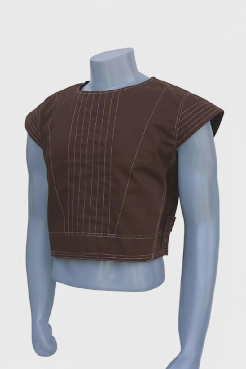 May include: A brown, sleeveless top with white stitching details. The top has a round neckline and a cropped hem. Vertical stitching runs down the center of the front. The garment is displayed on a mannequin.