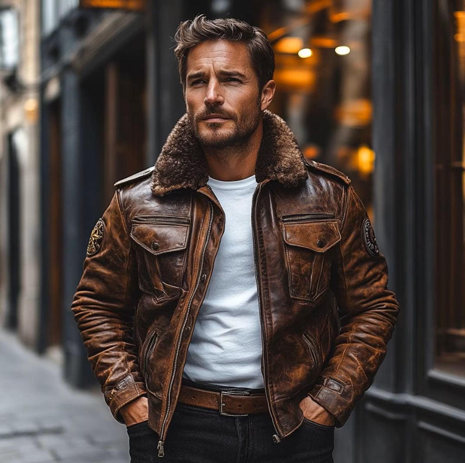 極上 本革 レザー ボンバージャケット 濃茶 裏地総柄 幾何学アート 短