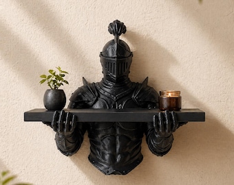 Estantería de pared de caballero – Consola de armadura medieval gótica, decoración Dark Academia, estante flotante negro, arte de pared de fantasía, regalo único