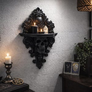 Puede incluir: Una estanter&iacute;a de pared negra de estilo g&oacute;tico con un dise&ntilde;o de calavera, que sostiene velas encendidas y un cristal. La estanter&iacute;a est&aacute; montada en una pared blanca texturizada, con un espejo redondo y otra decoraci&oacute;n g&oacute;tica en el fondo.