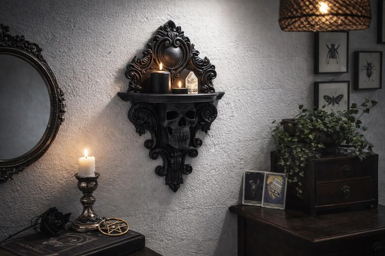 Puede incluir: Una estanter&iacute;a de pared negra de estilo g&oacute;tico con un dise&ntilde;o de calavera, que sostiene velas encendidas y un cristal. La estanter&iacute;a est&aacute; montada en una pared blanca texturizada, con un espejo redondo y otra decoraci&oacute;n g&oacute;tica en el fondo.