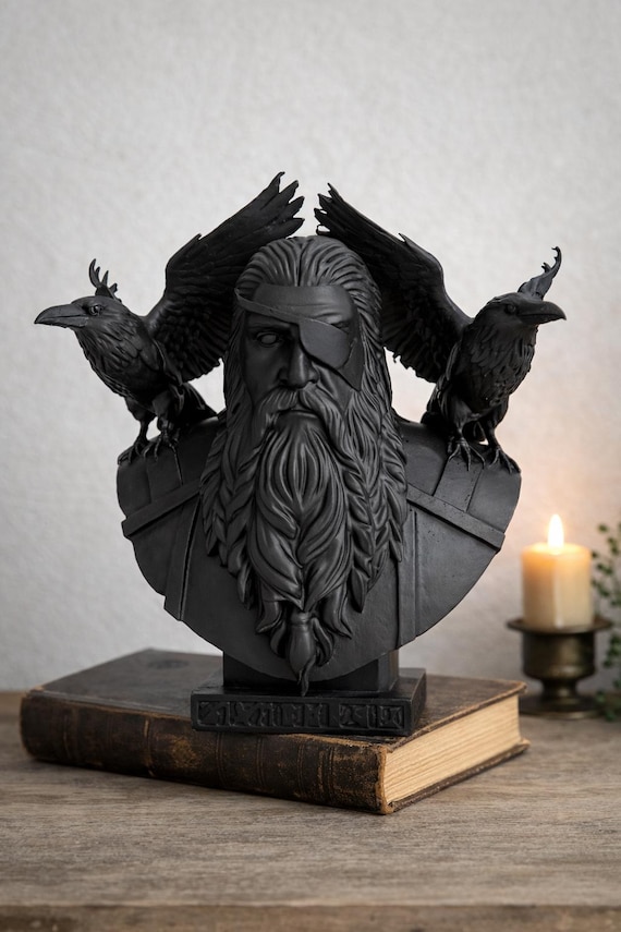 Odin Bust with Ravens, Norse Mythology Decor, Viking Statue, Gothic Home Decor, 3D Printed Odin Sculpture, Dark Art