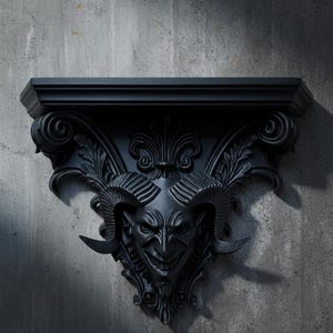 May include: A black wall shelf with a devil face design. The shelf has a rectangular top and is supported by ornate, curved brackets featuring a grinning devil face with horns. The shelf is made of a dark material and is mounted on a textured gray wall.