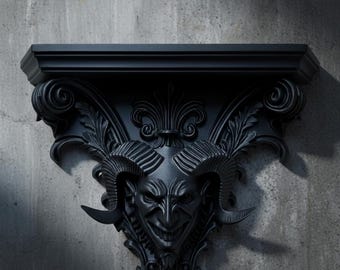 Barock väggkonsol, djävulshuvud ockult hylla, gotisk heminredning, 3D-tryckt flytande hylla, mörk estetisk väggkonst, satanisk altarhylla