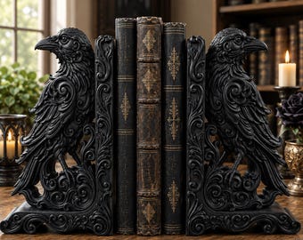 Gotiska Korpbokstöd, Edgar Allan Poe-dekor, Barock Kråkebokstöd, Mörk Akademisk Biblioteksdekor, Gotisk Bokhylledekor