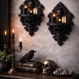Puede incluir: Decoraci&oacute;n de tem&aacute;tica g&oacute;tica con dos estanter&iacute;as de pared negras con forma de calavera, con velas y cristales. Un candelabro de lat&oacute;n, un cuervo, libros antiguos, una calavera dorada y un cuenco de cristales sobre una mesa de madera oscura.