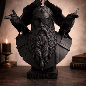 Odin Bust with Ravens, Norse Mythology Decor, Viking Statue, Gothic Home Decor, 3D Printed Odin Sculpture, Dark Art image 2