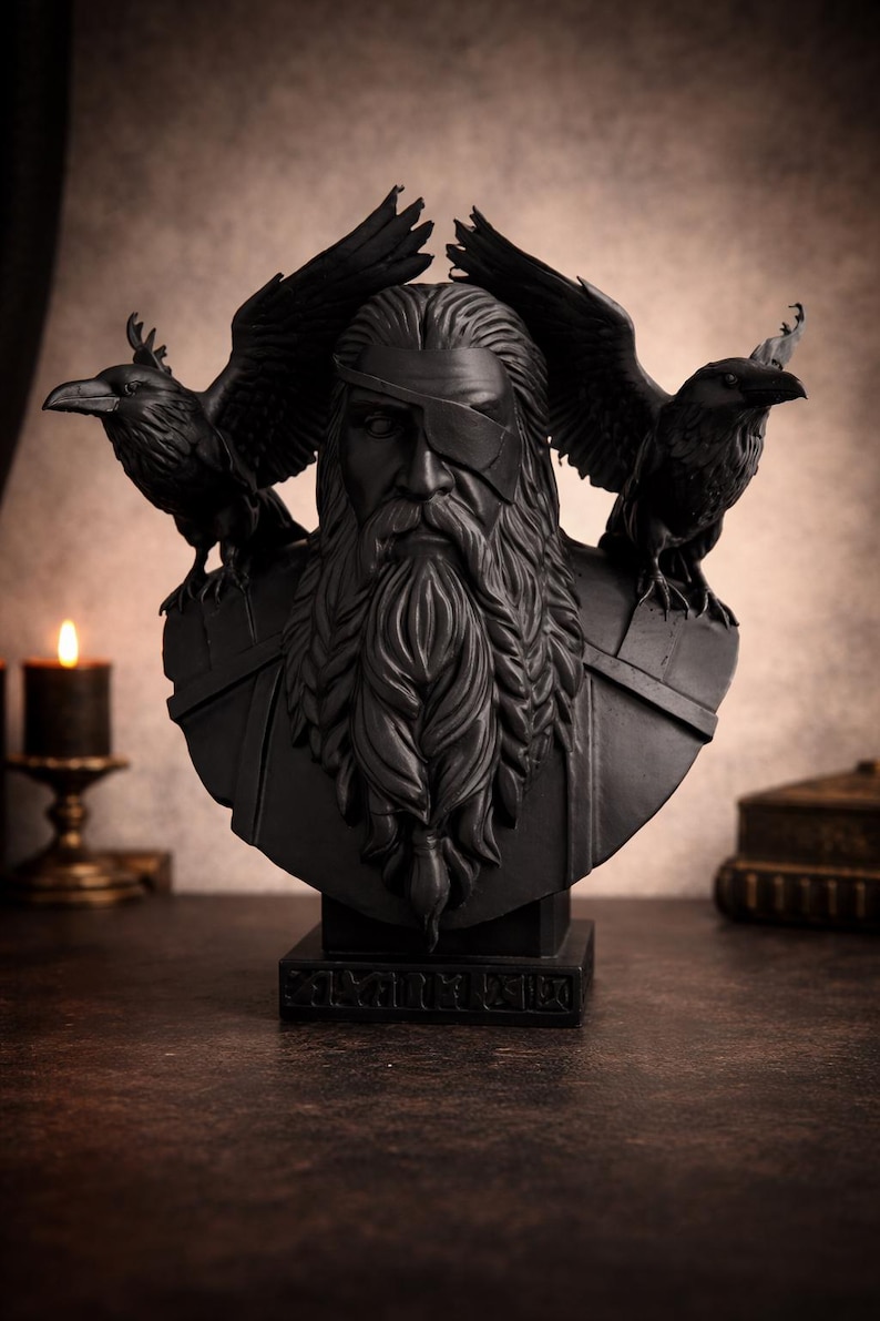 Odin Bust with Ravens, Norse Mythology Decor, Viking Statue, Gothic Home Decor, 3D Printed Odin Sculpture, Dark Art image 2