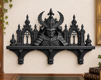 Vägghylla med gotisk samurajmotiv, väggdekor med katedralmotiv, utställningshylla med japansk krigare, dekor med mörk akademisk stil, 3D-tryckt gotisk konst