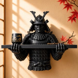 Könnte beinhalten: Schwarzes Samurai-Krieger-Wandregal. Das Regal wird von den Händen des Kriegers gehalten. Auf dem Regal steht eine schwarz-goldene Tasse. Rote Ahornblätter und ein Zweig befinden sich auf der rechten Seite des Regals.