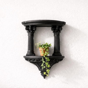 以下が含まれることがあります： 黒い装飾的な壁棚、古典的な柱のデザイン。 棚には、装飾的な柱頭が付いた2本の柱、下の棚、上の棚があります。 緑の植物が入った小さなテラコッタの鉢が棚に置かれています。