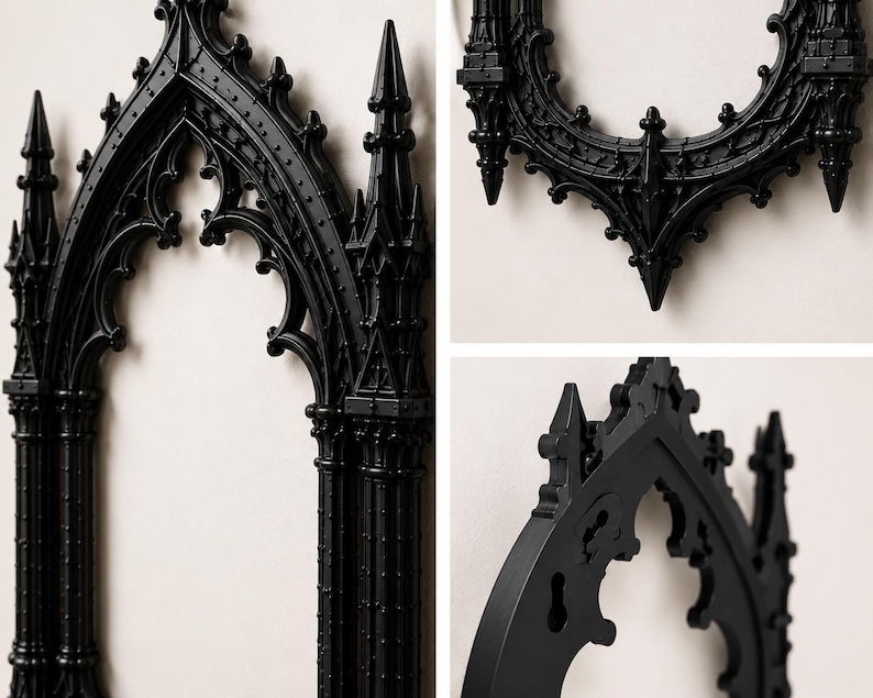 May include: A black wall-mounted mirror frame featuring intricate architectural details inspired by gothic cathedral arches, including pointed spires, slender columns, and ornate tracery patterns along the vertical and curved edges.