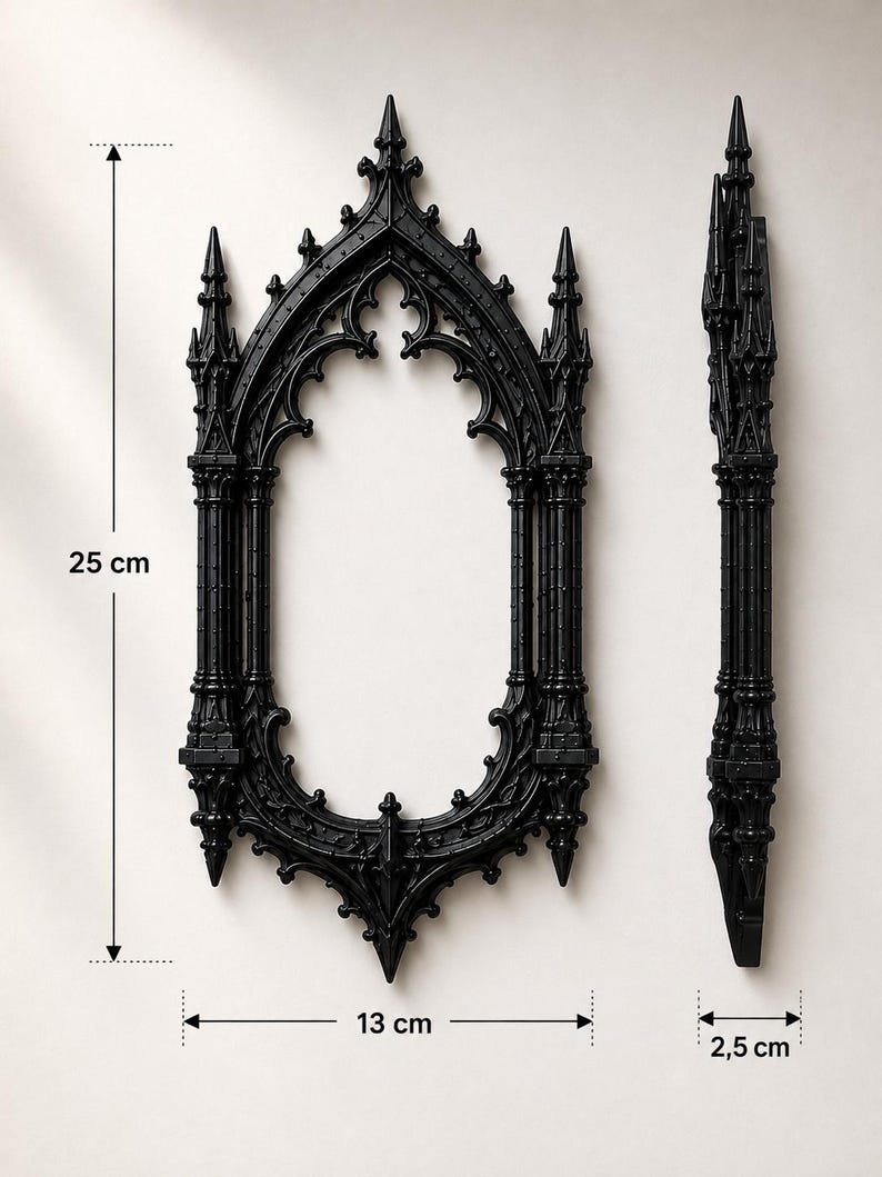 May include: A black frame with pointed arches and intricate spire details. The frame measures 9.84 inches in height, 5.12 inches in width, and 0.98 inches in depth. The design features vertical columns and decorative finials along the edges.