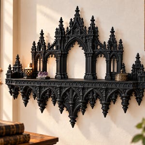 May include: A black wall shelf featuring intricate architectural details inspired by cathedral structures, including pointed arches, spires, and ornate carvings. The shelf provides a flat surface for display, with a central archway and multiple decorative towers.