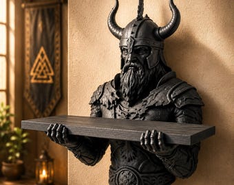 Nordic Viking Warrior Wall Shelf – Gothic Dark Academia Shelving, Medieval Norse Bust Decor, Fantasy Wall Accent