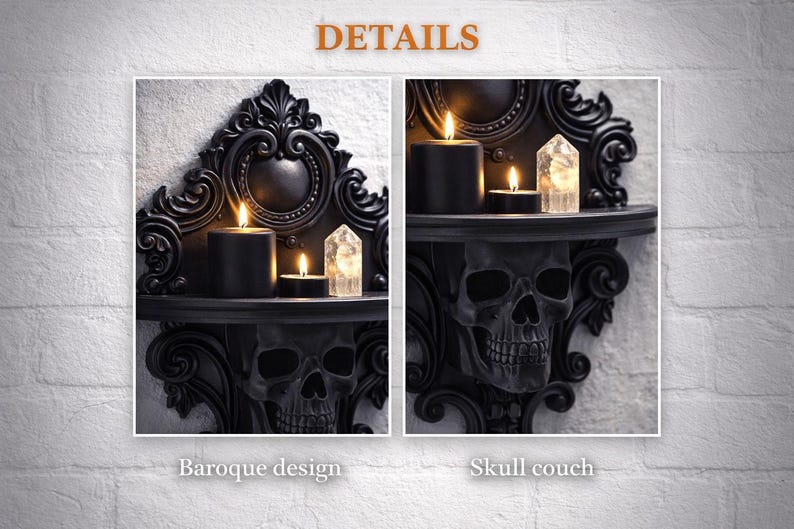 Estantería de pared con calavera barroca, decoración gótica de pared, estante flotante pequeño, decoración Dark Academia, estante gótico impreso en 3D, arte de pared con calaveras imagen 4